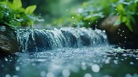 Small waterfall cascading over mossy rocks creates serene nature scene with bokeh water drops and green foliage in soft focus background.