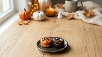 Autumn macarons on ceramic plate with fall decorations, pumpkins, and candles on wooden table for seasonal baking and holiday entertaining.