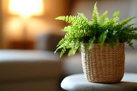 Fresh green fern plant in woven rattan basket on gray surface against blurred warm background, creating cozy home atmosphere with natural decor element.