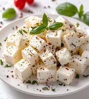 Fresh cubed feta cheese garnished with basil leaves, black pepper, and red chili flakes served on white plate with herbs and cherry tomatoes.