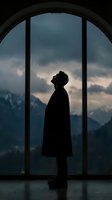 Man silhouette standing by large arched window overlooking mountain landscape at dusk with dramatic cloudy sky for contemplation and solitude concepts.