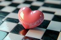 Pink glossy heart on black and white checkered surface with soft reflection and delicate lace pattern detail, romantic mood for Valentine's Day designs and love concepts.