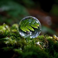 Crystal ball on moss captures inverted fern reflection in glass sphere, creating magical forest atmosphere with natural green bokeh background.
