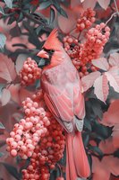 Red cardinal perched among coral-colored berries and leaves in soft, dreamy lighting. Artistic nature photography with monochromatic pink tones creates serene mood.