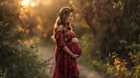 Pregnant woman in burgundy lace dress with floral crown standing in golden sunlit forest path, cradling her belly during maternity photoshoot.