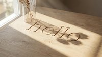 Hello word engraved on a light wooden surface with warm sunlight and a glass vase with dried flowers, cozy home interior concept.