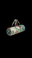 Rolled camping mat with nature print and teal end caps, featuring dual carry handles, isolated on transparent background. Ready for t-shirt design, clipart, stickers, print-on-demand products, and sublimation projects.