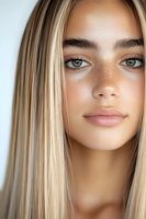 Close-up portrait of young woman with natural freckles, blue eyes, and long blonde hair against light background, showcasing fresh natural beauty and flawless skin.