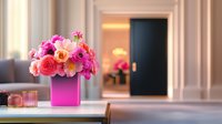 Pink and coral roses with anemones in bright fuchsia vase on modern table, soft interior background with doorway and warm lighting creates luxurious ambiance.