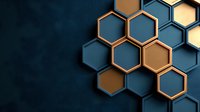 Metallic navy blue and copper hexagonal pattern with dimensional layered effect creates modern geometric background for technology and business designs.