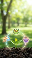 Seedling growing in soil with wellness icons representing nutrition, fitness, and meditation in circular flow against blurred green garden background for health and lifestyle concepts.