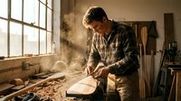 Mature male carpenter with light skin tone working in rustic workshop, planing wooden board with hand tool, dust particles visible in sunlight from window, surrounded by woodworking equipment and materials.