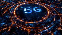 Glowing blue 5G symbol surrounded by illuminated circular network connections and digital pathways against dark background, representing wireless technology advancement.