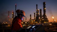 Industrial worker in safety helmet using tablet at oil refinery during twilight shift with illuminated processing towers and equipment in background.