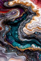 Abstract fluid art with swirling layers in turquoise, purple, and gold. Marbled effect creates organic flowing patterns with crystalline textures and metallic accents.