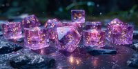 Magical translucent purple polyhedral dice set with golden numbers on dark reflective surface, perfect for fantasy gaming and tabletop RPG promotional materials.