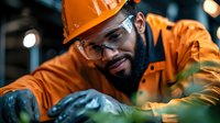 African American male industrial worker in orange protective uniform and hard hat smiling while operating machinery in manufacturing facility. Dark background with bokeh.