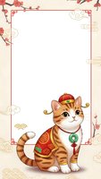 Adorable tabby cat in traditional Chinese costume with red hat and ornate vest sitting in decorative Asian frame with cherry blossoms and clouds.