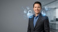 Professional businessman in suit with digital security lock icons and network connections in modern office environment for cybersecurity technology concepts.