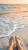 Bare feet relaxing on sandy beach with gentle waves and warm golden sunset light creating peaceful vacation atmosphere for wellness and travel content.