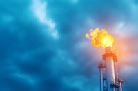 Gas flare burning at industrial refinery tower against dramatic blue stormy sky, orange flame illuminating dark clouds at dusk, environmental impact concept.