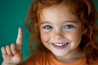Cheerful redhead girl with freckles pointing finger up, smiling at camera against turquoise background. Child expressing joy and positive emotions.