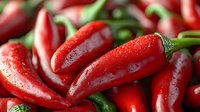 Fresh red chili peppers with water drops in macro view, bright glossy surface and vibrant color for food photography and culinary backgrounds.