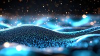 Glowing blue particles form dynamic waves against dark background with bokeh light effects and shimmering dots creating futuristic abstract composition.