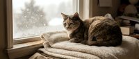 Tabby cat resting on knitted blanket by snowy window, cozy winter home interior scene for seasonal and lifestyle content.
