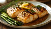Grilled salmon fillets garnished with fresh herbs, lemon and steamed asparagus spears on rustic ceramic plate, served in savory butter sauce.