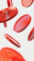 Red blood cells floating in white space, medical science visualization showing erythrocytes in motion with depth of field and soft shadows.