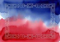 Ornate decorative frame with watercolor gradient transitioning from deep blue to coral red, featuring intricate geometric border patterns. Isolated on white background, ready for design projects, invitations, and digital compositions.