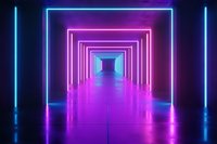 Futuristic neon corridor with glowing blue and pink light frames creating optical illusion of infinite tunnel on reflective floor.