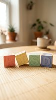 Colorful wooden blocks spelling PTSD arranged on wooden desk with potted plants, coffee mug, and natural window light in bright home office setting.