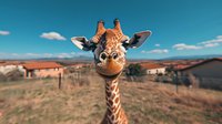 Curious giraffe head close-up portrait with funny expression looking at camera in African savanna landscape with blue sky and clouds background.