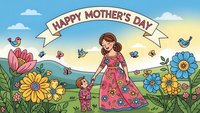 Mother and child celebrating in colorful flower garden with Happy Mother's Day banner, spring meadow scene for greeting cards and family celebrations.