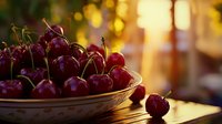 Fresh ripe cherries in ceramic bowl at sunset, golden hour lighting creates warm atmosphere. Natural organic fruit composition with soft bokeh background.