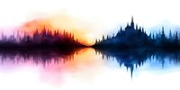 Watercolor forest silhouette reflected in calm lake water at sunset, with vibrant orange and blue gradient sky creating mirror effect landscape panorama.