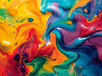 Vibrant fluid art with swirling yellow, red, blue, and teal paint creating abstract marble effect for creative backgrounds and design projects.