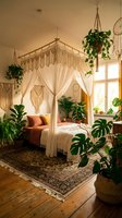 Cozy bohemian bedroom with macrame canopy, hanging plants, warm lighting and natural textures creating peaceful sanctuary for relaxation and sleep.