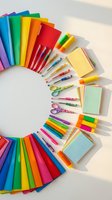 Colorful school and office supplies arranged in circle on white background. Notebooks, pens, markers, scissors and stationery for education and creativity projects.