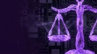 Digital justice scales glowing in purple neon light against dark background with legal symbols for law firm branding and legal technology concepts.