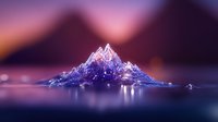 Mystical mountain peak reflecting in calm waters at twilight with purple and orange sky, creating dreamy atmospheric landscape for fantasy backgrounds.