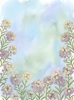 Watercolor floral border with purple and white blooms on soft blue-green background, perfect for greeting cards, invitations, and stationery.