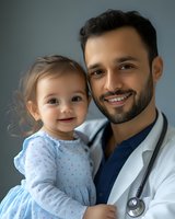 Middle Eastern male doctor in white coat holding smiling toddler girl in blue dress against neutral background, representing healthcare and family.