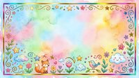 Colorful watercolor background with cute cartoon fox, bird, clouds, flowers, and stars in pastel rainbow tones, framed with decorative doodle border.