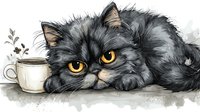 Sleepy gray Persian cat with bright yellow eyes lying next to white coffee cup, watercolor style artwork on white background, isolated design element.
