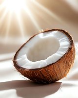Fresh halved coconut with white flesh against soft beige background with natural sunlight rays creating dramatic shadows and highlights for food photography.
