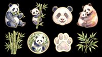 Cute panda bear illustrations with bamboo leaves and paw print, isolated on transparent background. Ready for t-shirt design, stickers, clipart, sublimation, and print-on-demand products.