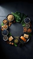 Healthy superfood ingredients arranged in circle on dark slate background featuring salmon, nuts, seeds, berries, kale and quinoa for nutritious meal planning.